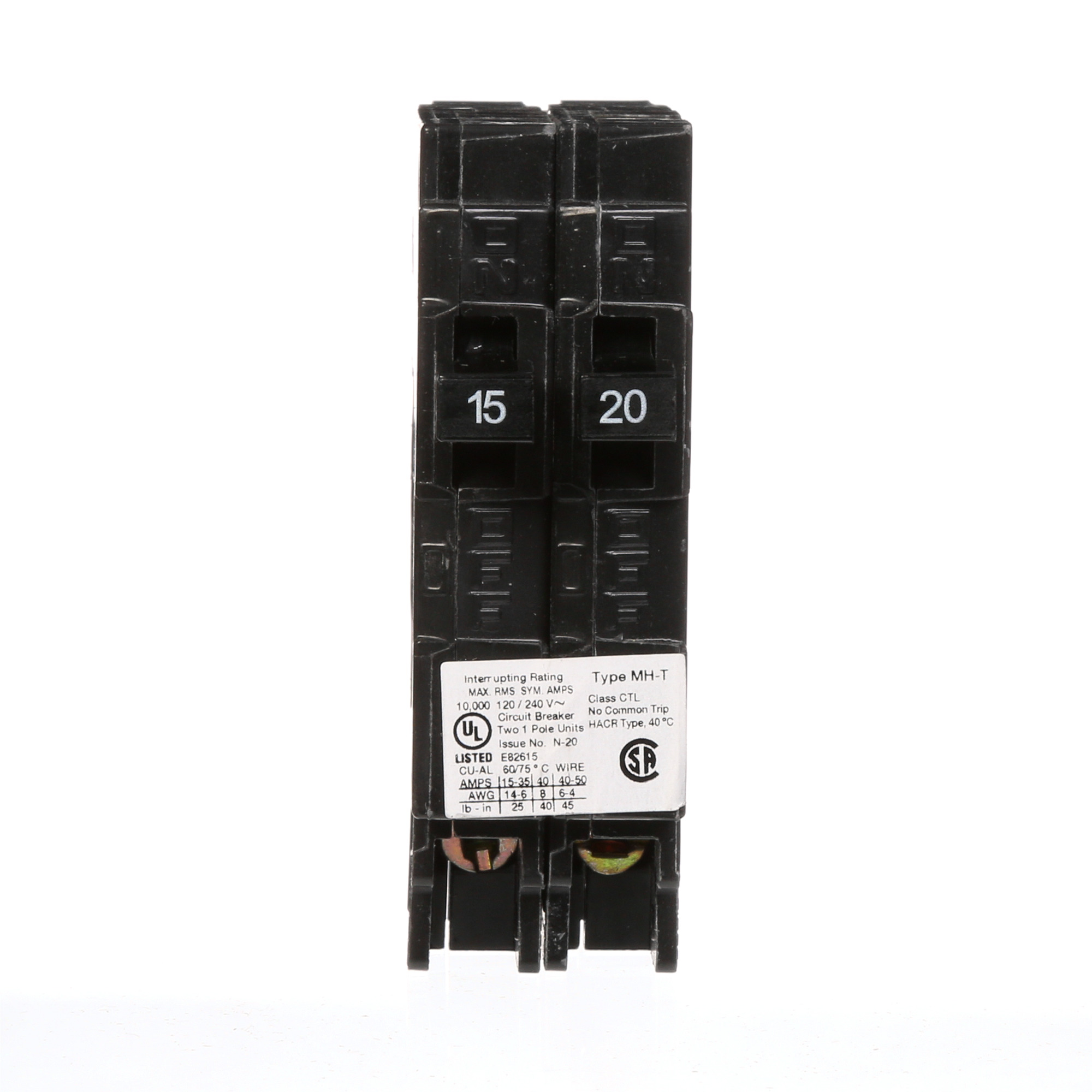 MP1520 Type MH-T Duplex Molded Case Circuit Breaker, 120 VAC, 15 to 20 A, 10 kA Interrupt, 2 Poles, Thermal Magnetic Trip