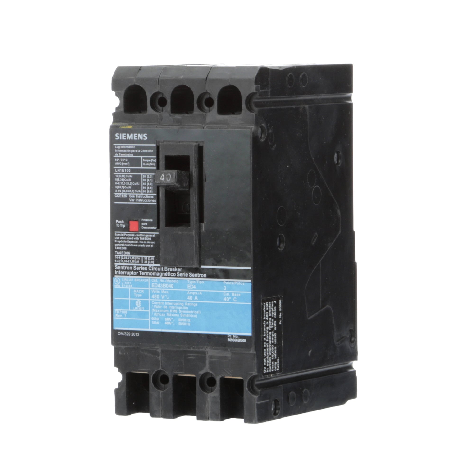 ED43B040L Sentron Type ED4 Low Voltage Molded Case Circuit Breaker, 480 V AC/250 V DC, 40 A, 18 kA Interrupt, 3 Poles, Thermal Magnetic Trip