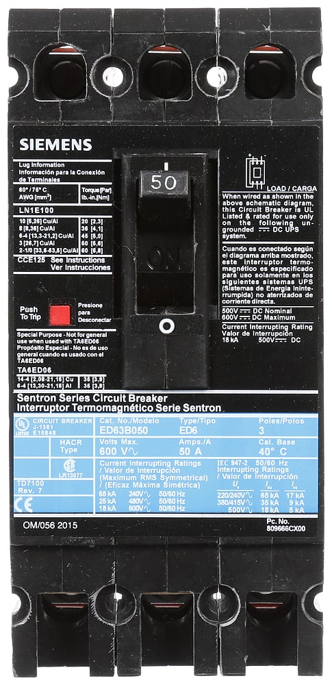 ED63B050L Sentron Type ED6 Low Voltage Molded Case Circuit Breaker, 600 V AC/250 V DC, 50 A, 18 kA Interrupt, 3 Poles, Thermal Magnetic Trip