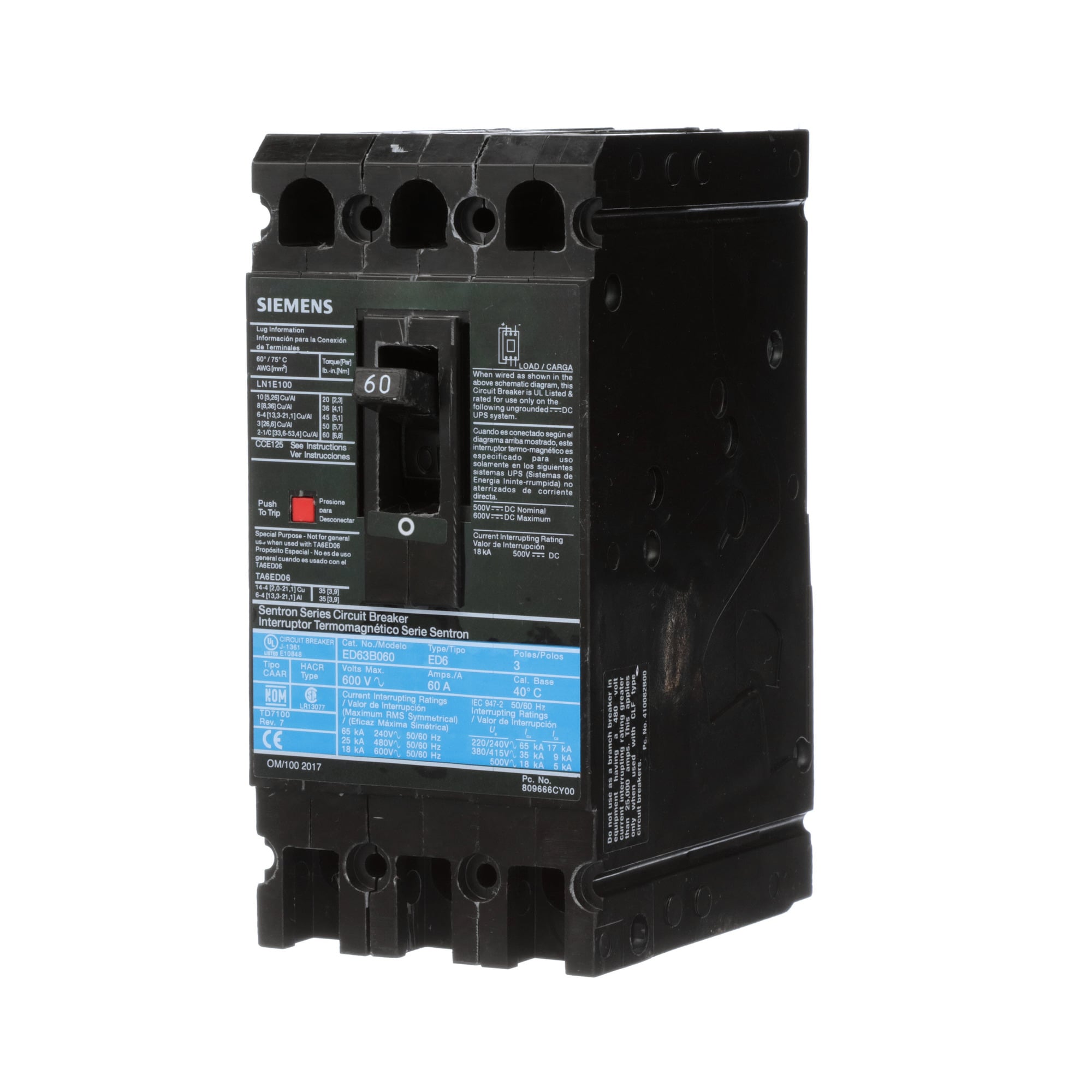 ED63B060L Sentron Type ED6 Low Voltage Molded Case Circuit Breaker, 600 V AC/250 V DC, 60 A, 18 kA Interrupt, 3 Poles, Thermal Magnetic Trip