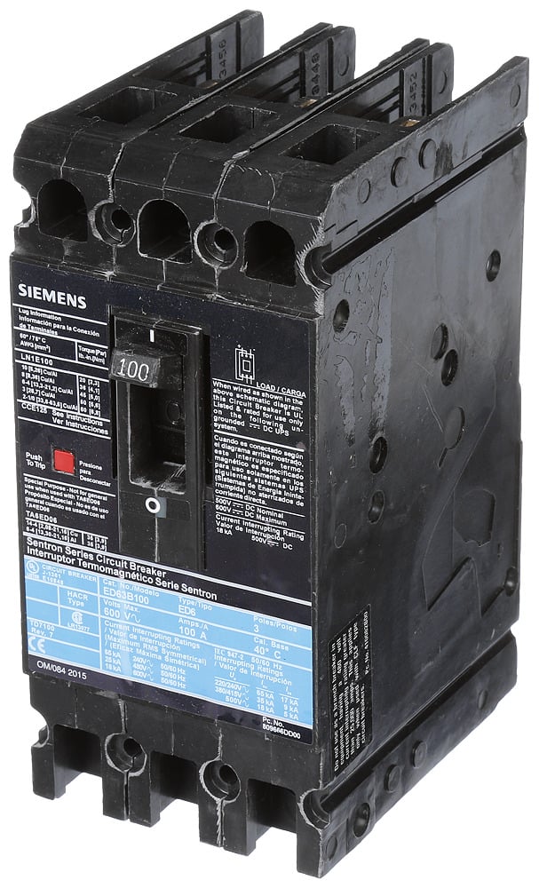 ED63B100L Sentron Type ED6 Low Voltage Molded Case Circuit Breaker, 600 V AC/250 V DC, 100 A, 18 kA Interrupt, 3 Poles, Thermal Magnetic Trip