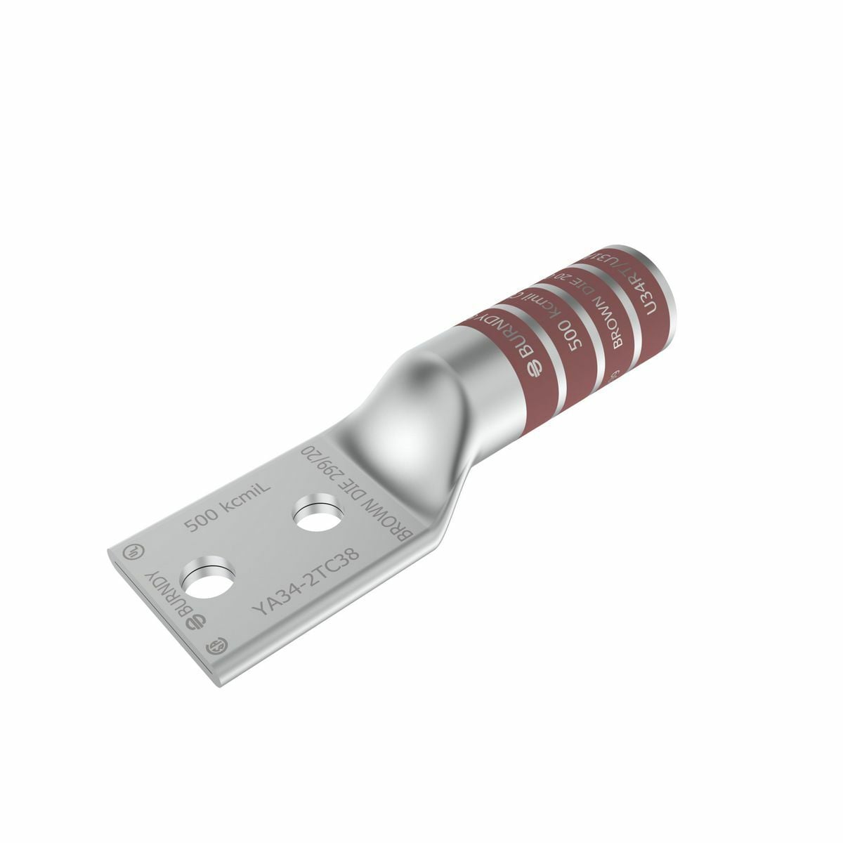 YA342TC38 YA-2TC 2-Hole Compression Lug, 500 kcmil Stranded Copper Conductor, Die Code: 20/299, 3/8 in Stud, Tin Plated Copper