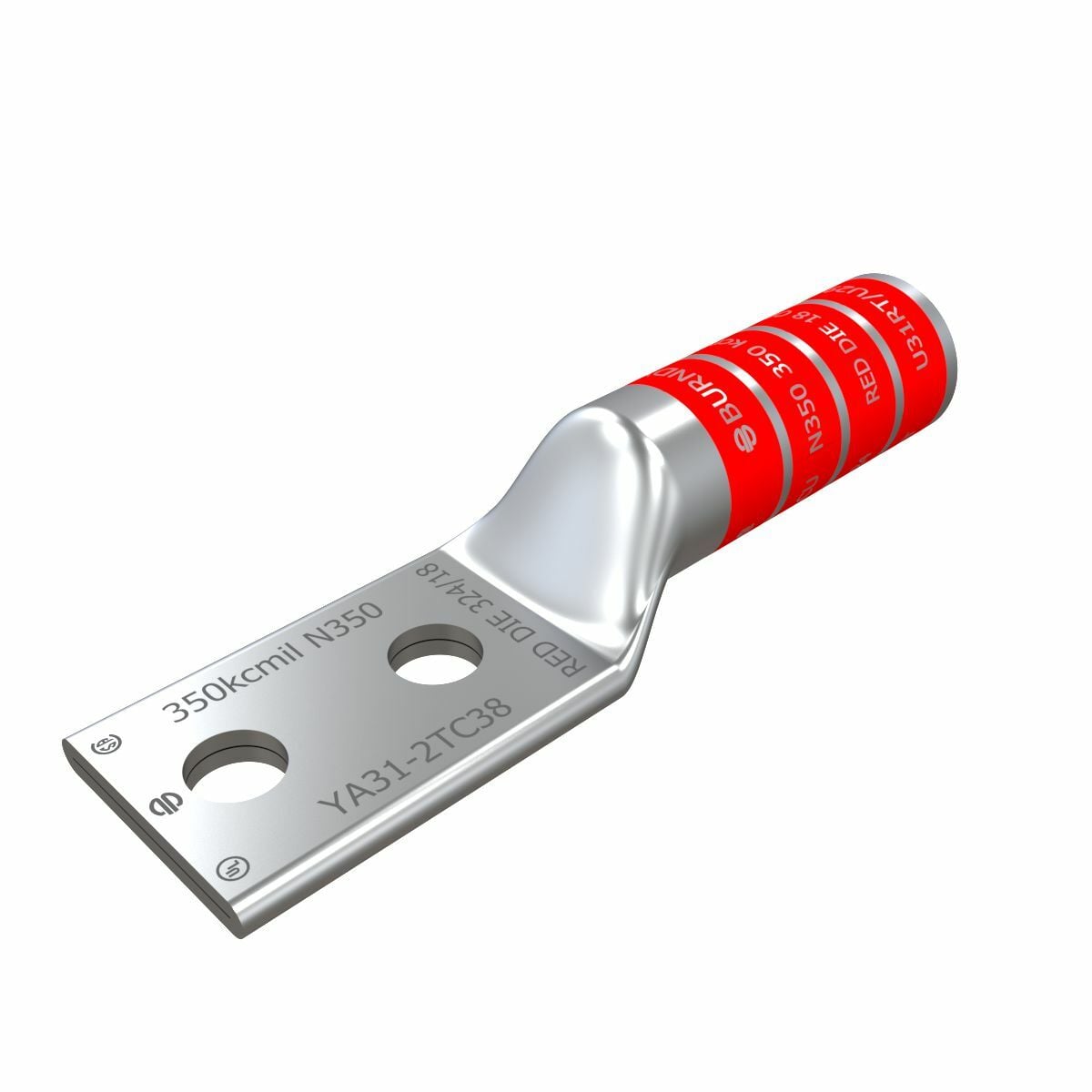 YA312TC38 YA-2TC 2-Hole Compression Lug, 350 kcmil Stranded Copper Conductor, Die Code: 18/324, 3/8 in Stud, Tin Plated Copper