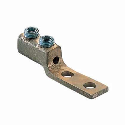 HHL21-2N-5 Pan-Lug 2-Barrel Set Screw Tandem Mechanical Connector Lug, 2/0 to 4/0 AWG Stranded Copper Conductor, 1/2 in Stud, 2 Bolt Holes, Copper