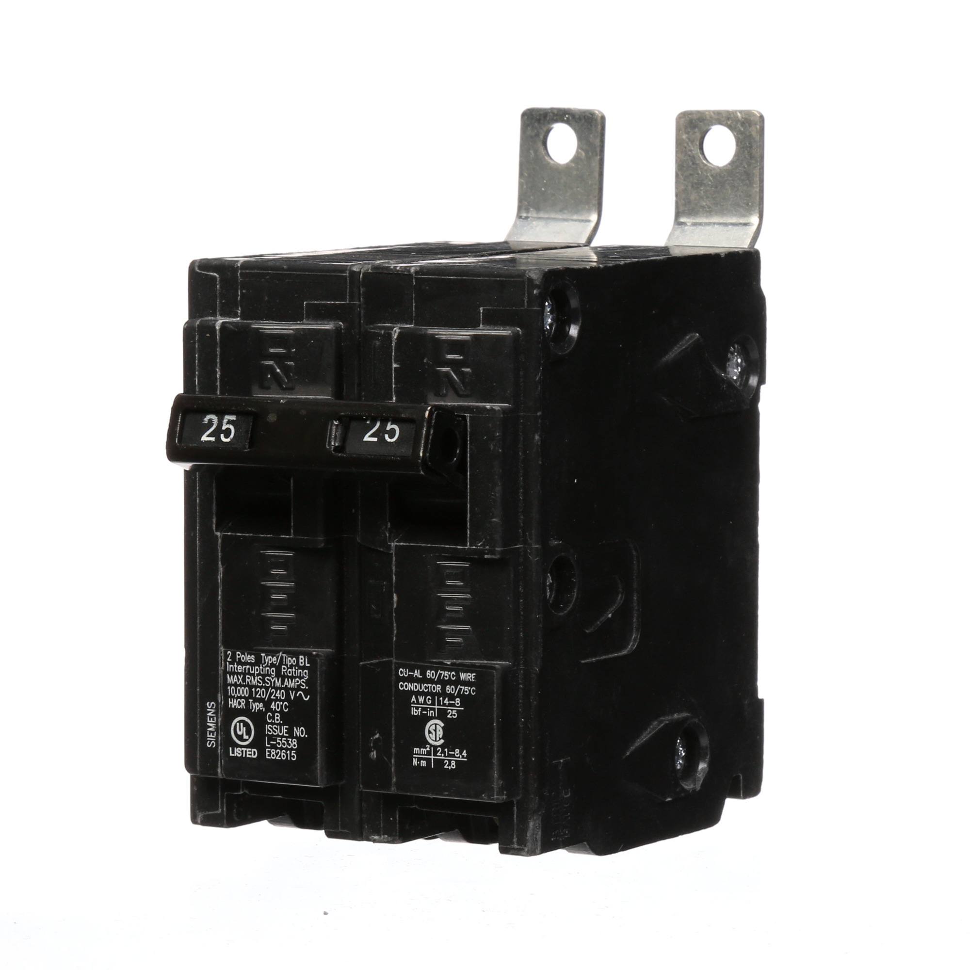 B225 Type BL Molded Case Circuit Breaker, 120/240 V AC, 25 A, 10 kA Interrupt, 2 Poles, Thermal Magnetic Trip