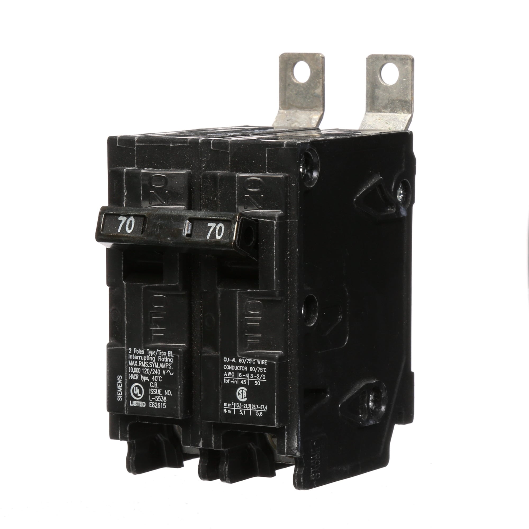 B270 Type BL Molded Case Circuit Breaker, 120/240 V AC, 70 A, 10 kA Interrupt, 2 Poles, Thermal Magnetic Trip