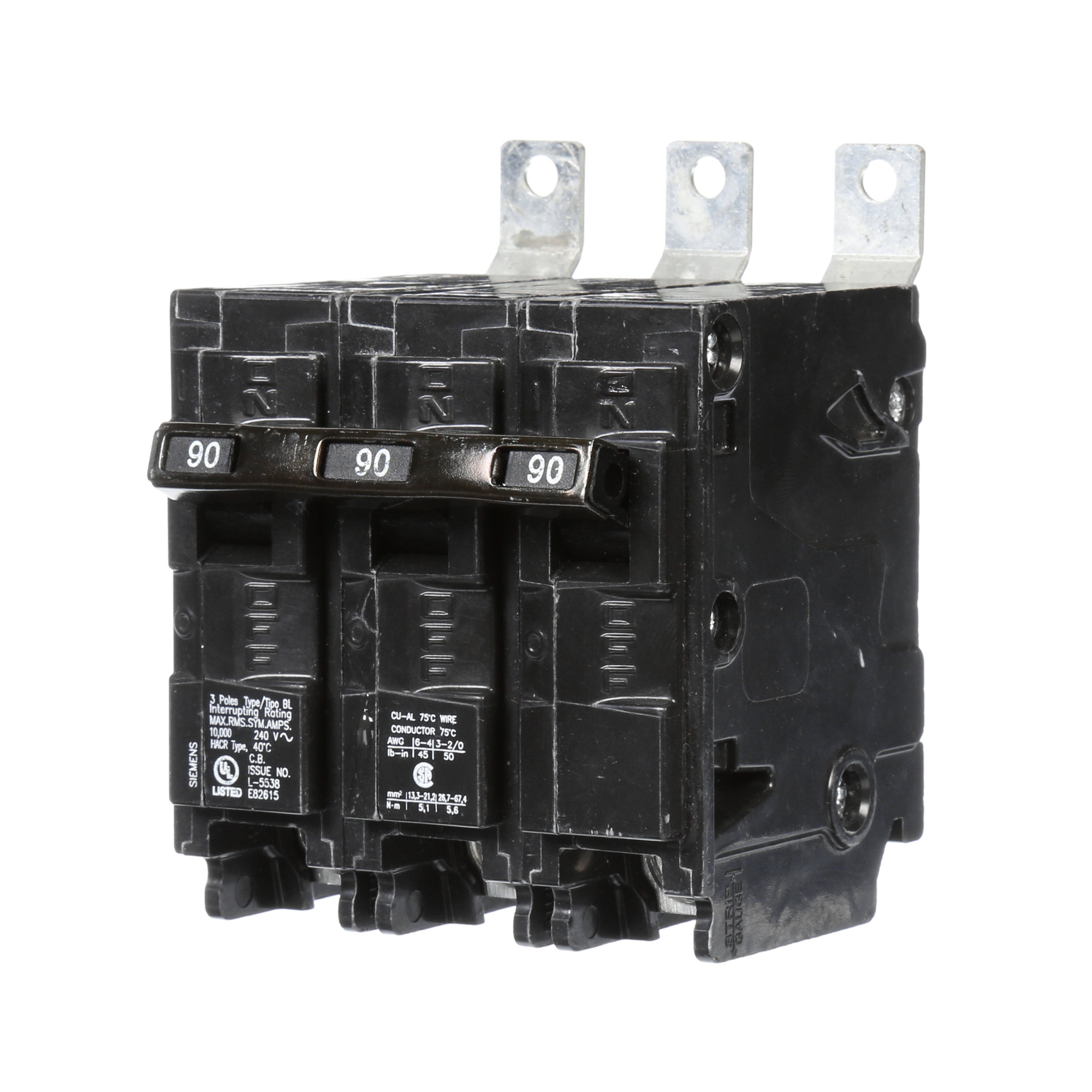 B390 Type BL Low Voltage Molded Case Circuit Breaker, 240 V AC, 90 A, 10 kA Interrupt, 3 Poles, Thermal Magnetic Trip