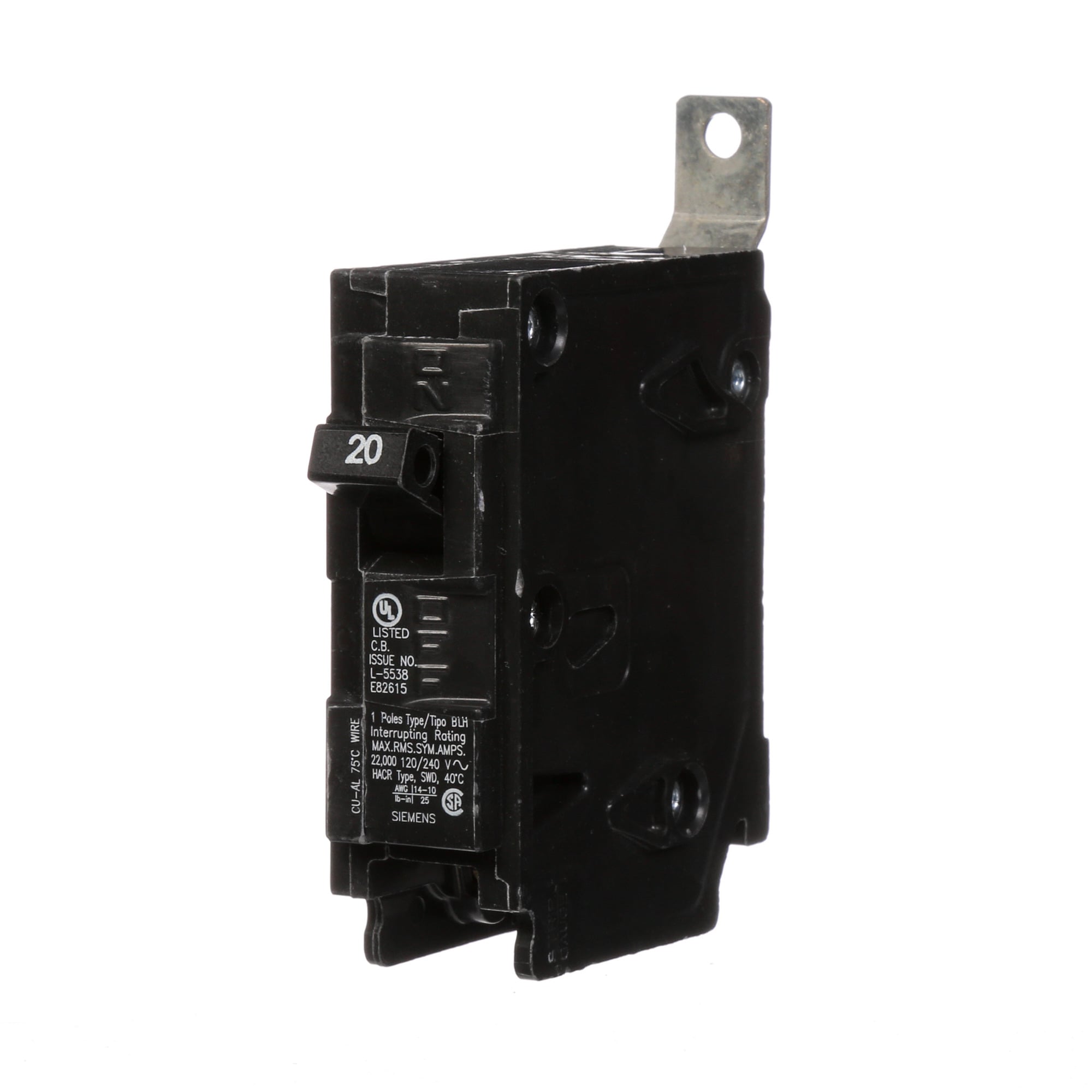B120H Type BLH Molded Case Circuit Breaker, 120 V AC, 20 A, 22 kA Interrupt, 1 Poles, Thermal Magnetic Trip