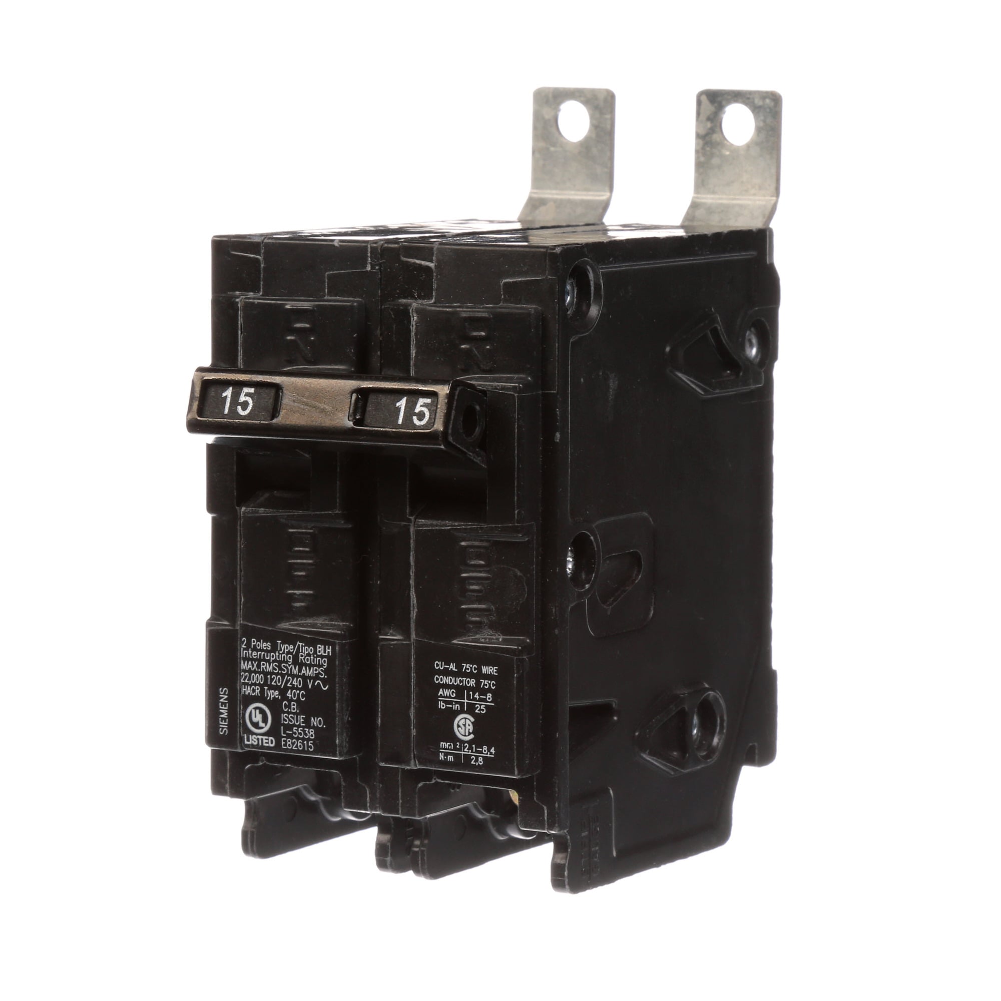 B215H Type BLH Low Voltage Molded Case Circuit Breaker, 120/240 V AC, 15 A, 22 kA Interrupt, 2 Poles, Thermal Magnetic Trip