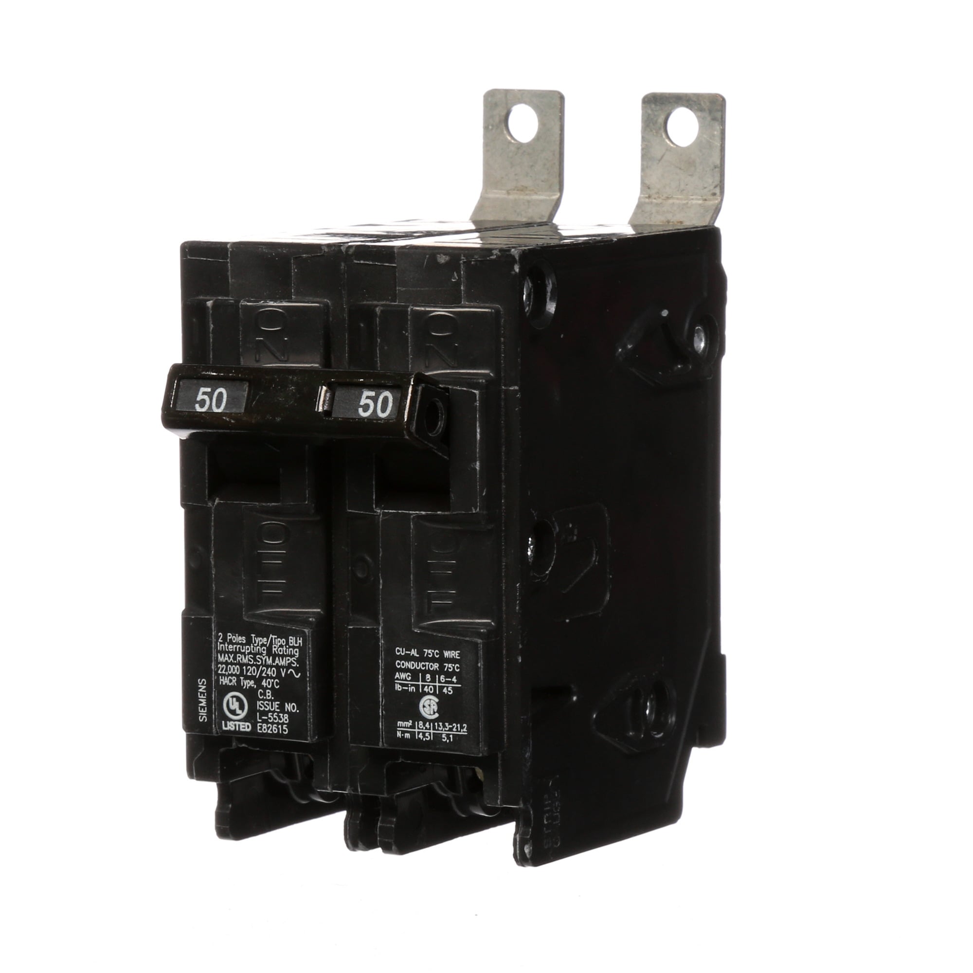 B250H Type BLH Low Voltage Molded Case Circuit Breaker, 120/240 V AC, 50 A, 22 kA Interrupt, 2 Poles, Thermal Magnetic Trip
