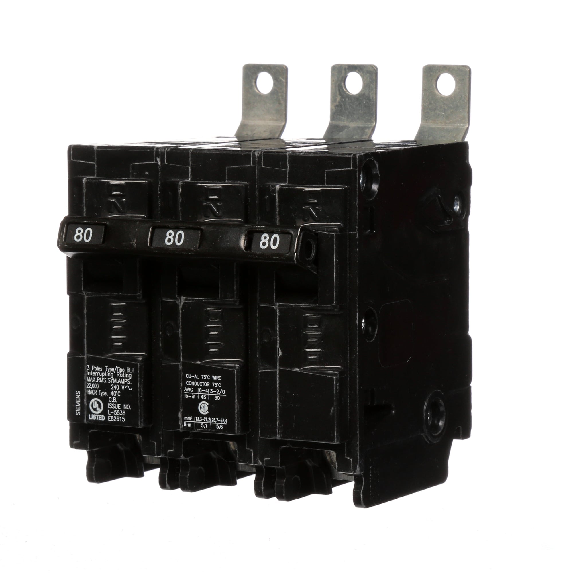 B380H Type BLH Low Voltage Molded Case Circuit Breaker, 240 V AC, 80 A, 22 kA Interrupt, 3 Poles, Thermal Magnetic Trip