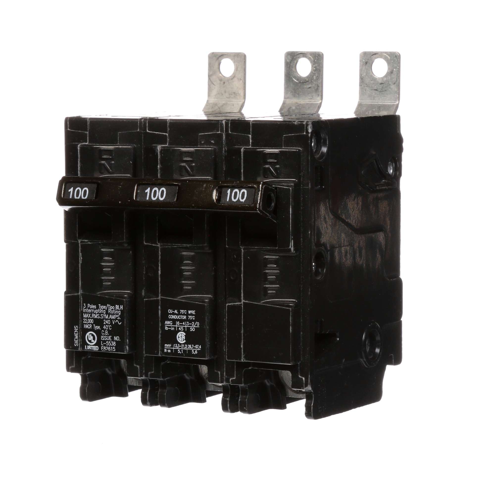 B3100H Type BLH Molded Case Circuit Breaker, 240 V AC, 100 A, 22 kA Interrupt, 3 Poles, Thermal Magnetic Trip