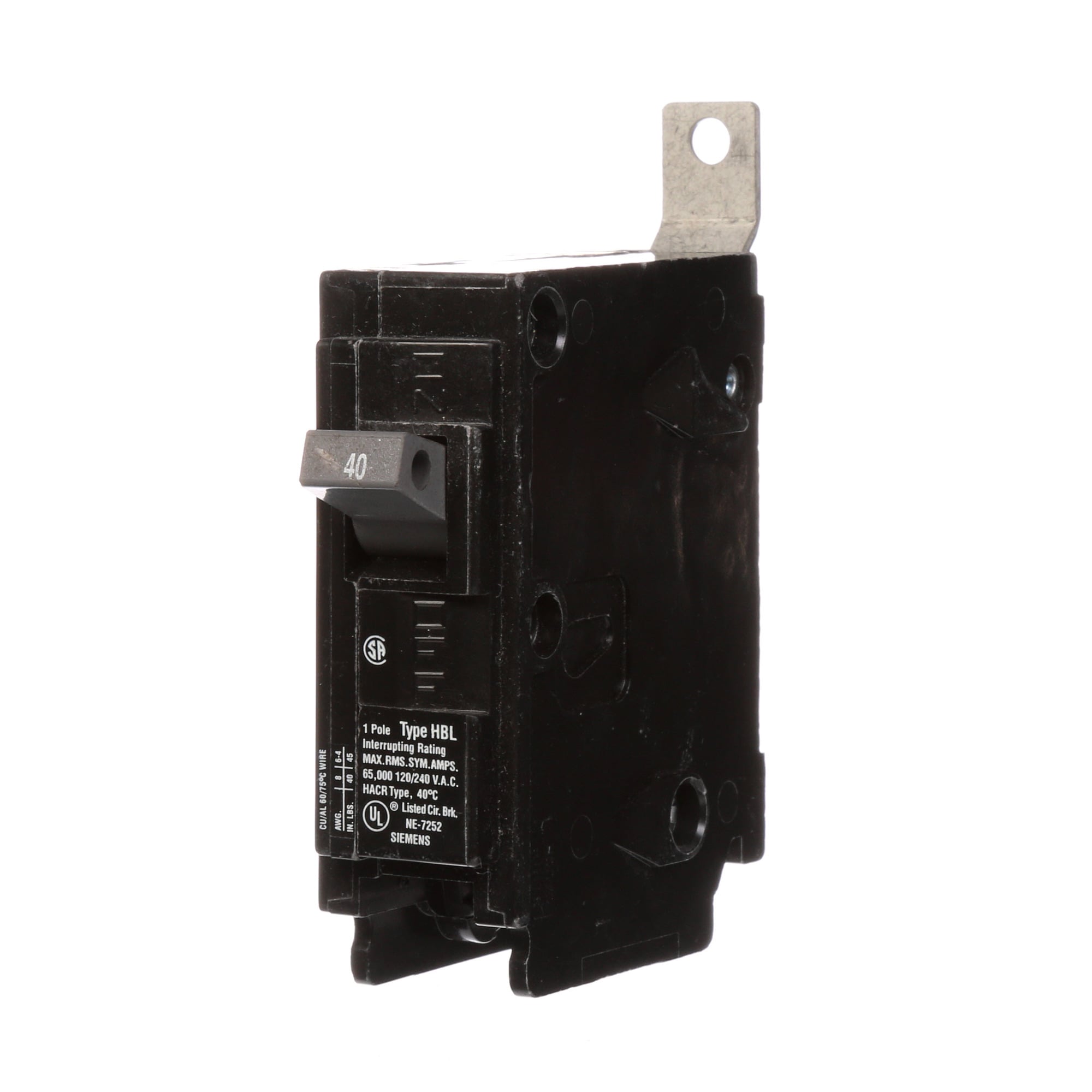 B140HH Type HBL Molded Case Circuit Breaker, 120 V AC, 40 A, 65 kA Interrupt, 1 Poles, Thermal Magnetic Trip