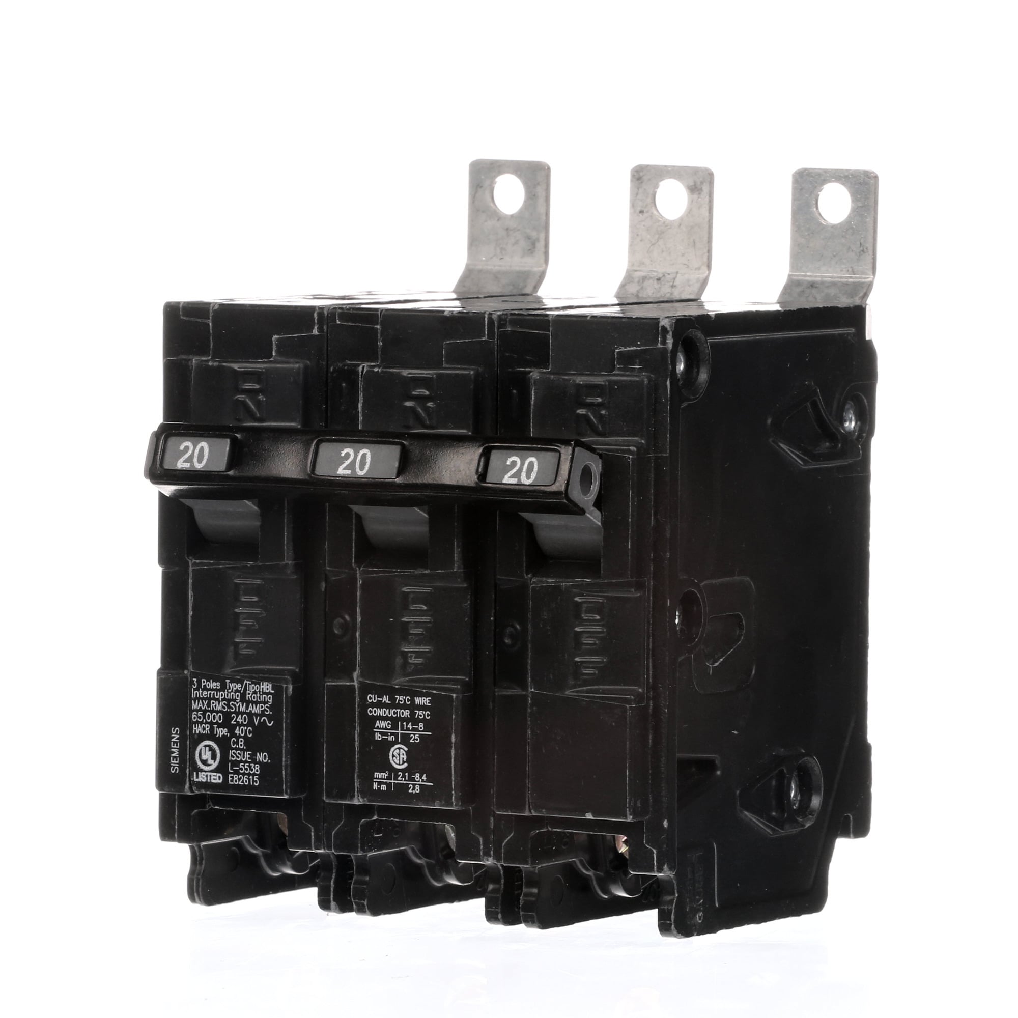 B320HH Type HBL Low Voltage Molded Case Circuit Breaker, 240 V AC, 20 A, 65 kA Interrupt, 3 Poles, Thermal Magnetic Trip