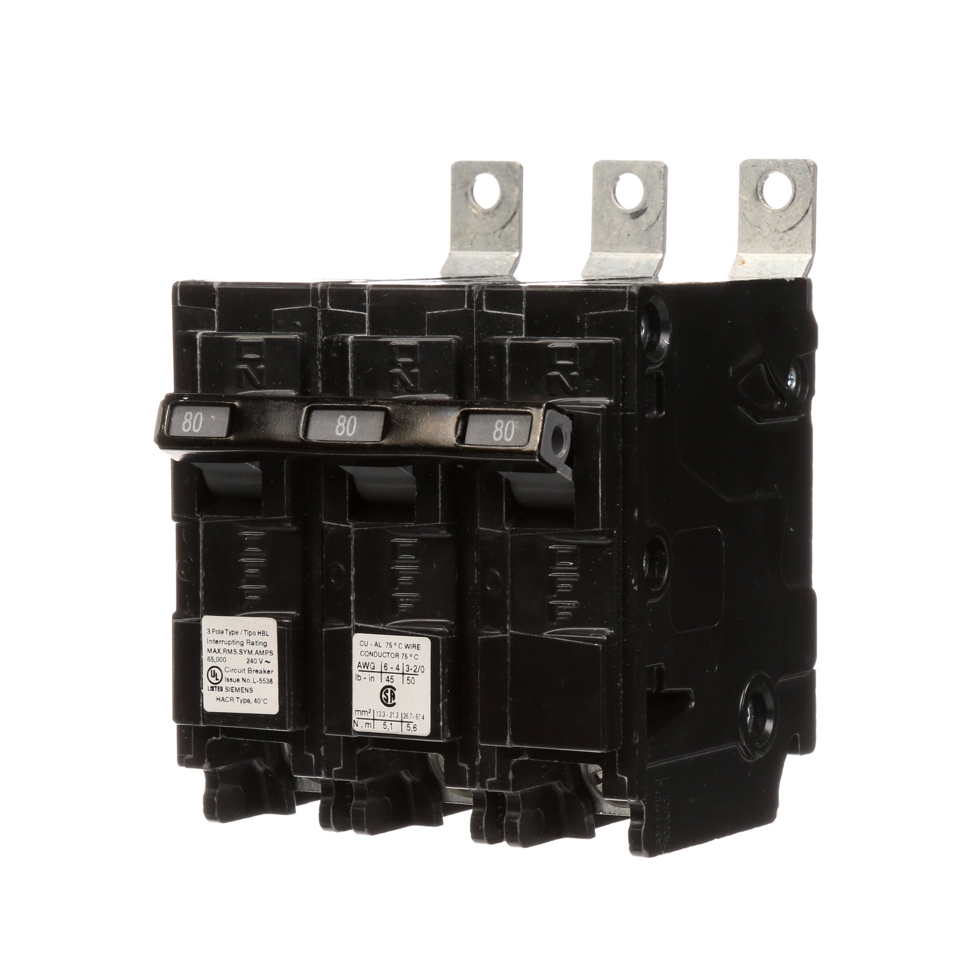 B380HH Type HBL Low Voltage Molded Case Circuit Breaker, 240 V AC, 80 A, 65 kA Interrupt, 3 Poles, Thermal Magnetic Trip