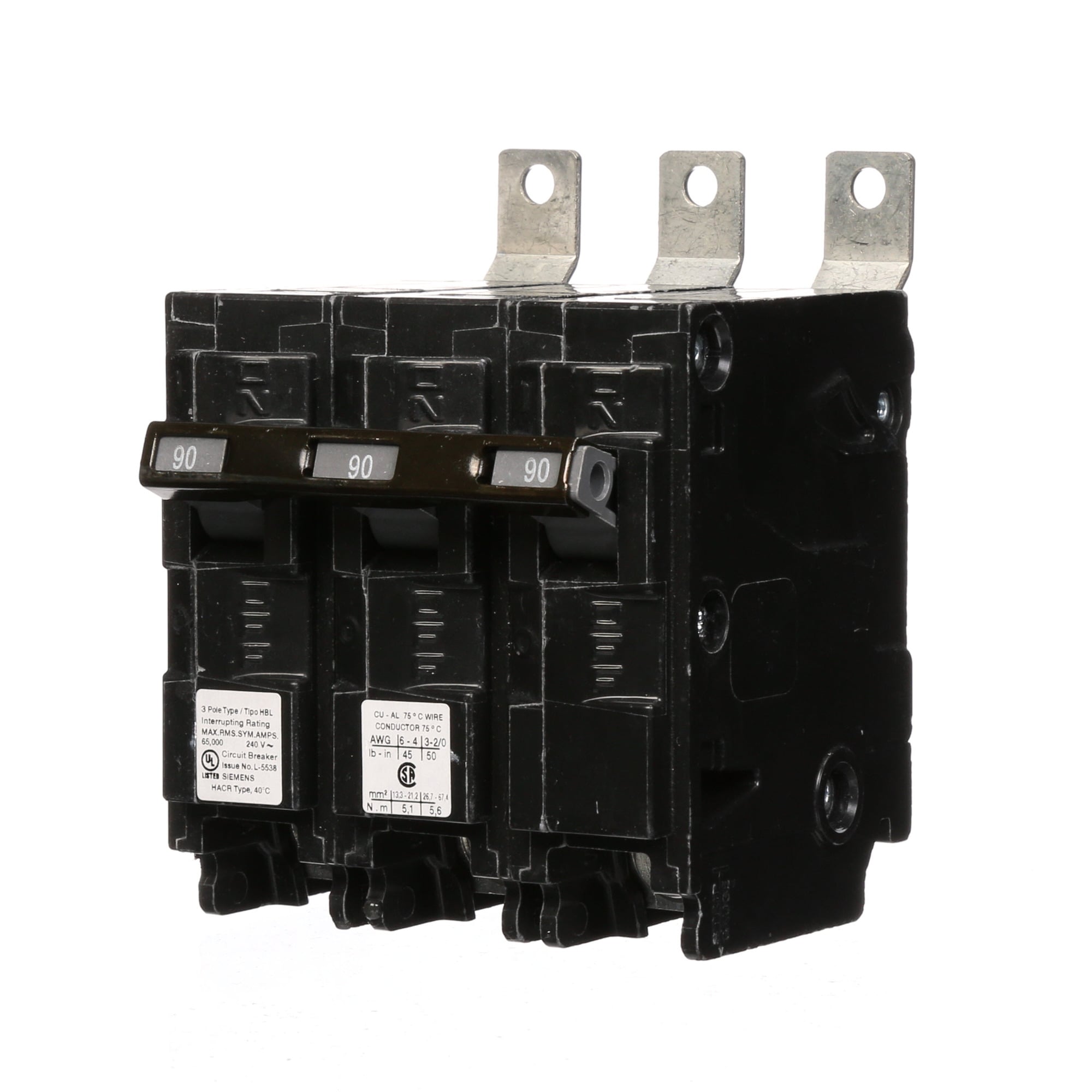 B390HH SpeedFax Type HBL Molded Case Circuit Breaker With Insta Wire, 240 V AC, 90 A, 65 kA Interrupt, 3 Poles, Thermal Magnetic Trip