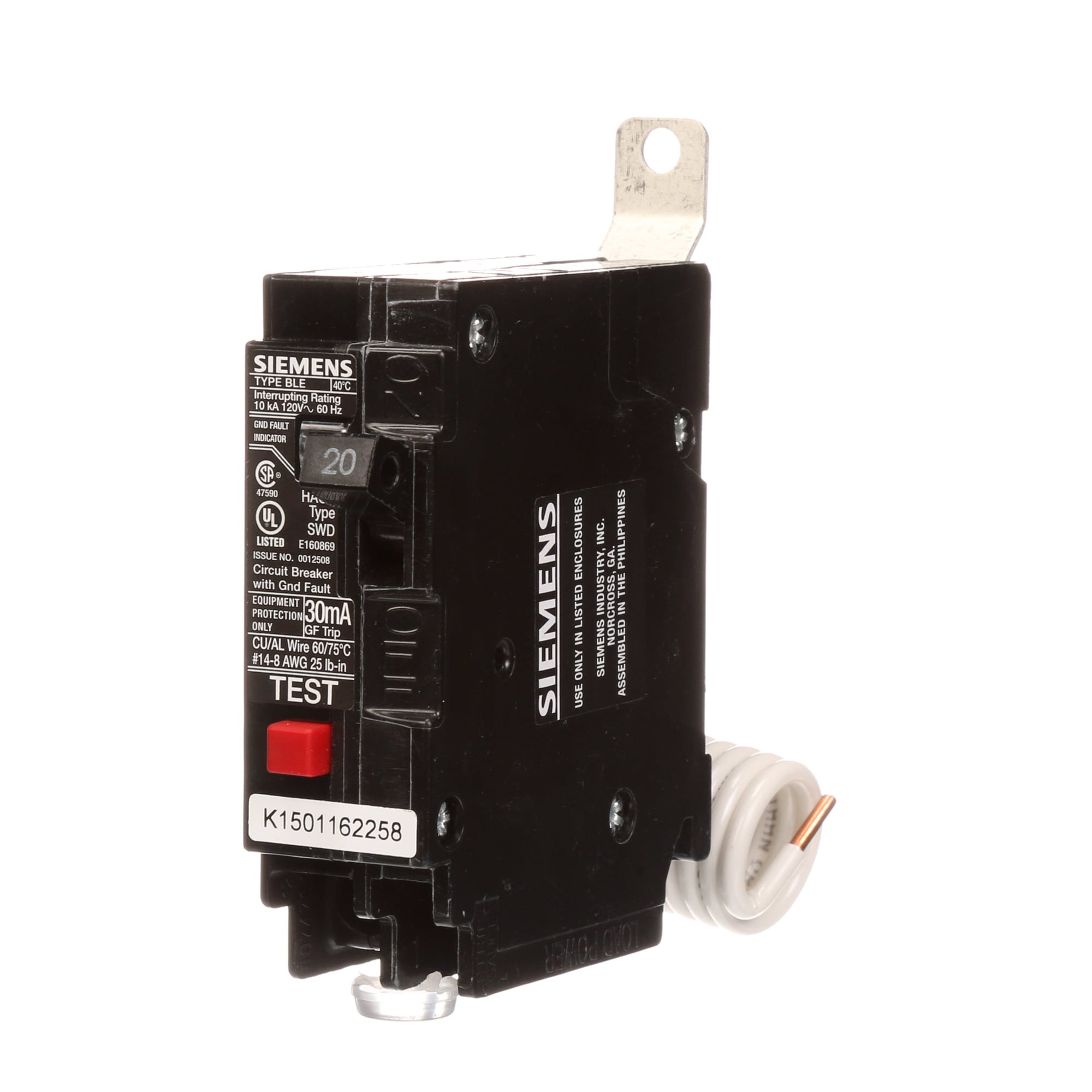 BE120 Type BL Circuit Breaker, 120 V AC, 20 A, 10 kA Interrupt, 1 Poles, Thermal Magnetic Trip