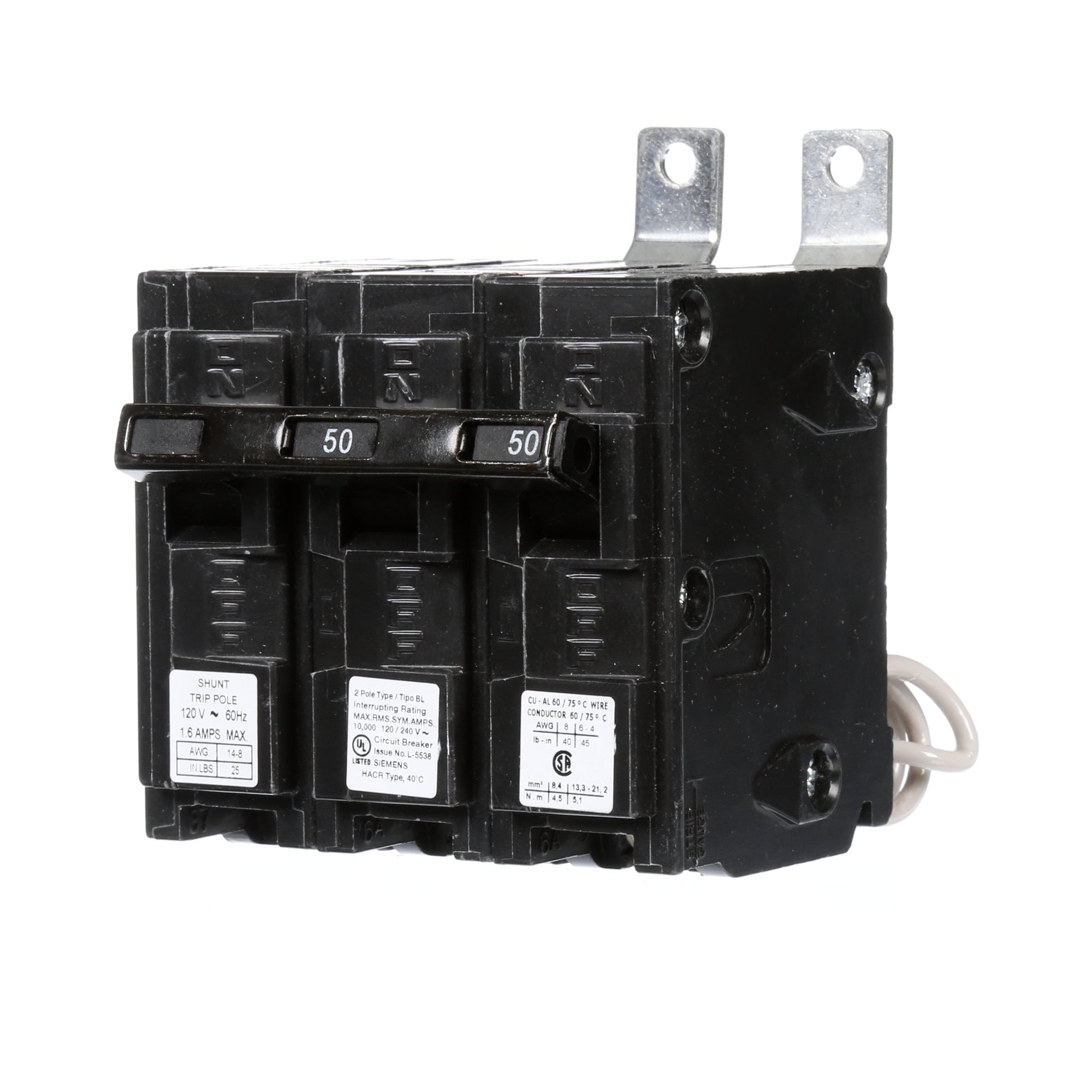 B25000S01 Type BL Molded Case Circuit Breaker, 120/240 V AC, 50 A, 10 kA Interrupt, 2 Poles, Thermal Magnetic Trip