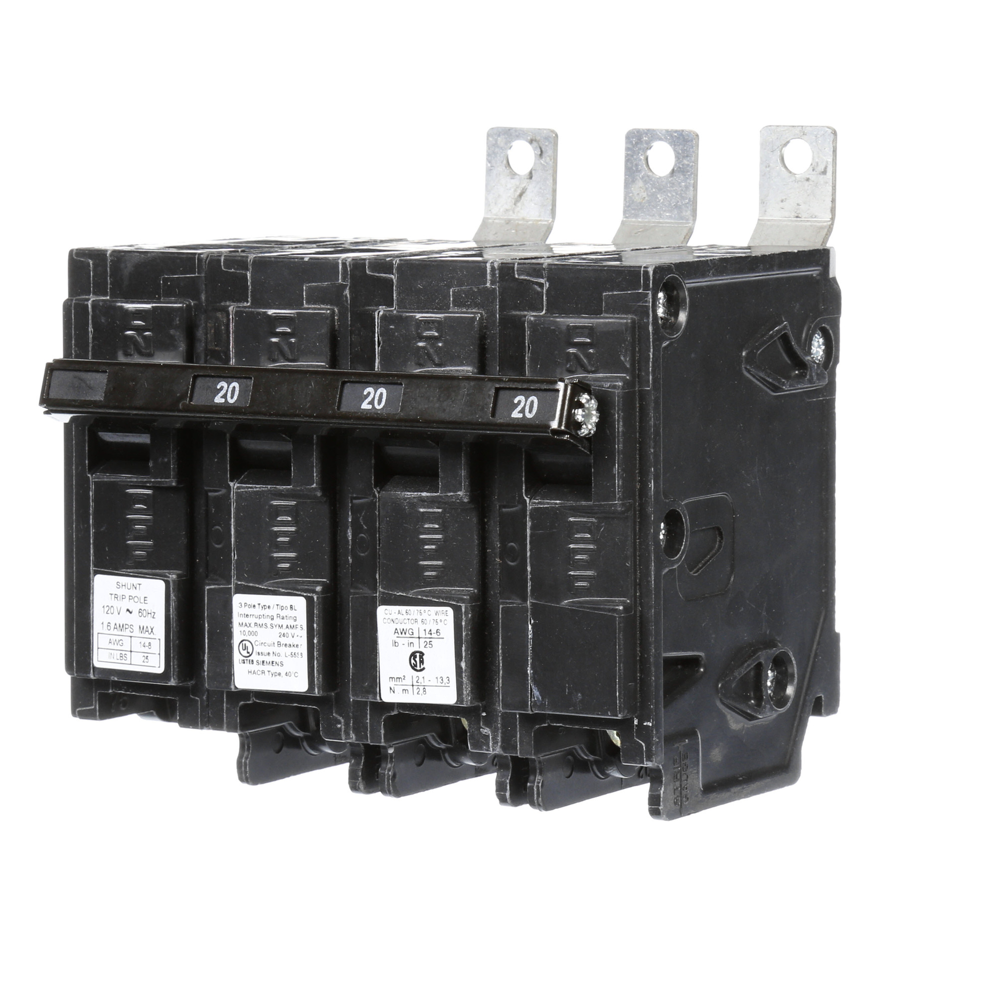 B32000S01 Type BL Low Voltage Molded Case Circuit Breaker, 120/240 V AC, 20 A, 10 kA Interrupt, 3 Poles, Thermal Magnetic Trip
