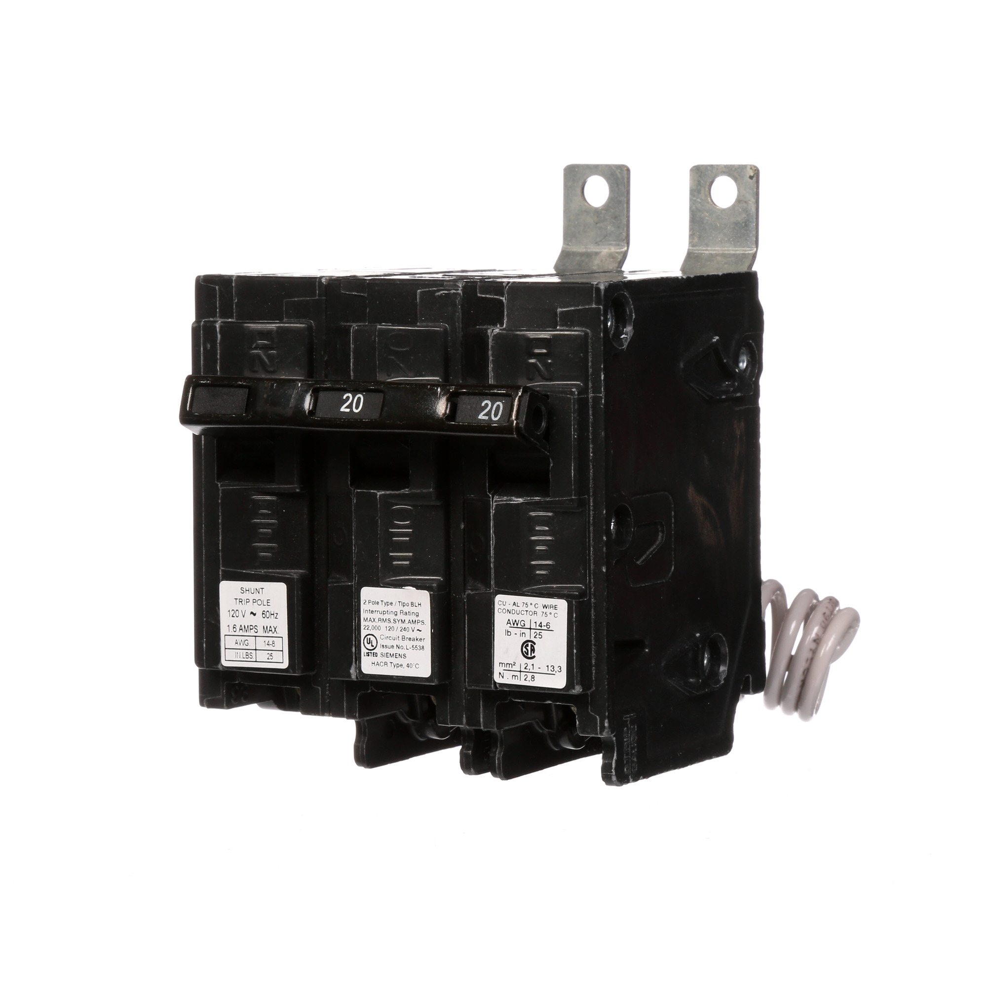 B220H00S01 Type BLH Molded Case Circuit Breaker, 120/240 V AC, 20 A, 22 kA Interrupt, 2 Poles, Thermal Magnetic Trip