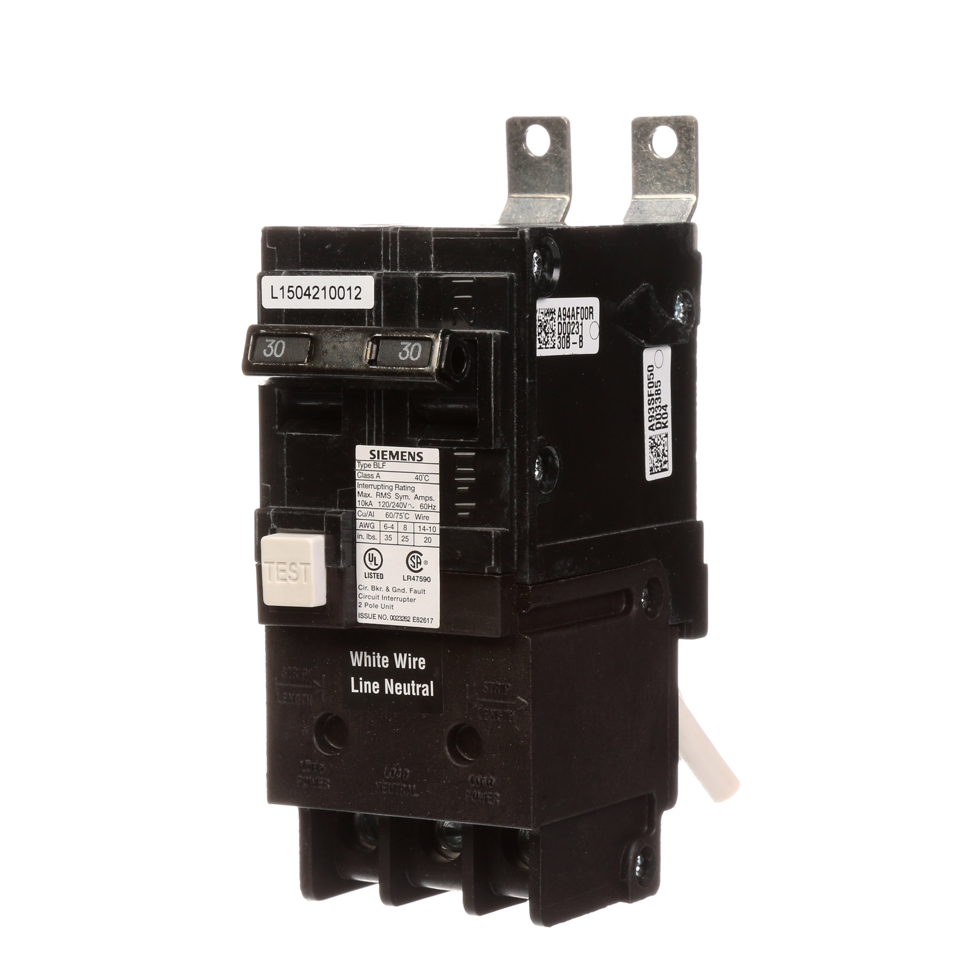 BF230 SpeedFax Type BLF/GFCL Ground Fault Circuit Interrupter, 120/240 VAC, 30 A, 10 kA Interrupt, 2 Poles, Thermal Magnetic Trip
