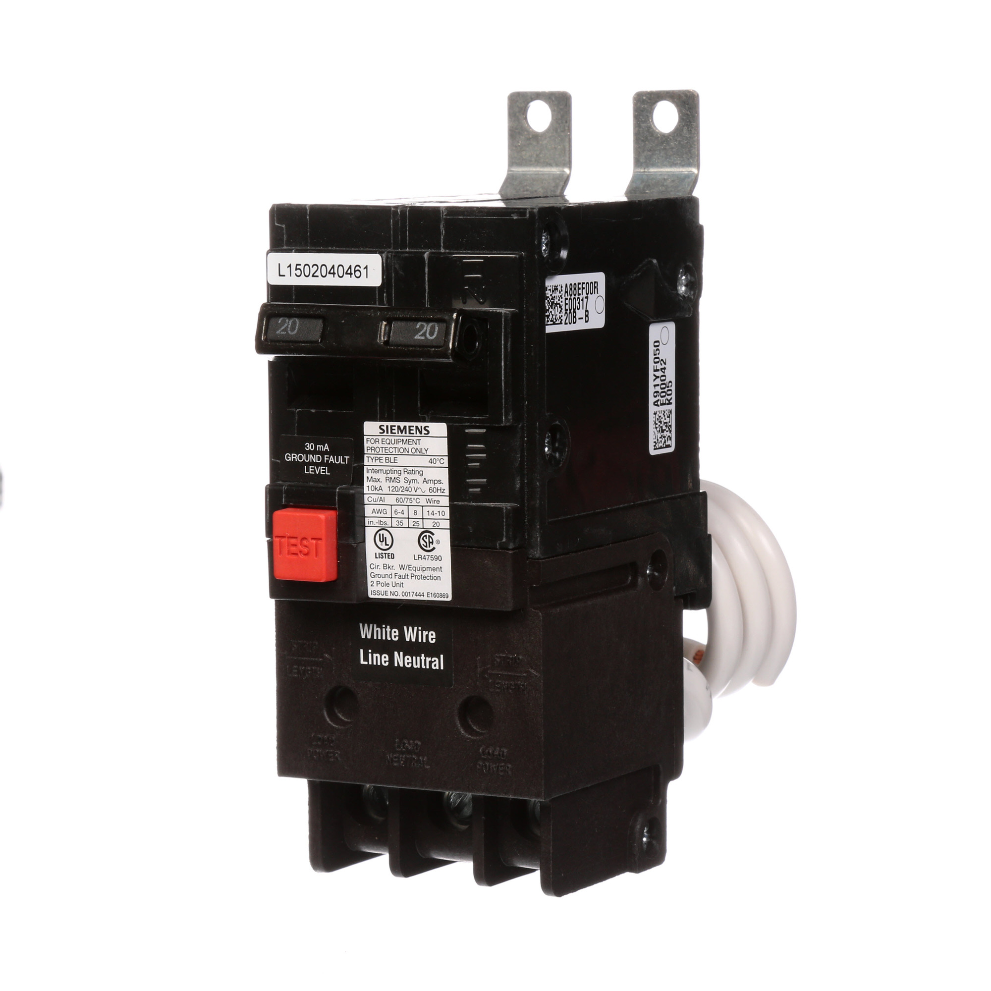 BE220 Type BL Circuit Breaker, 120/240 V AC, 20 A, 10 kA Interrupt, 2 Poles, Thermal Magnetic Trip