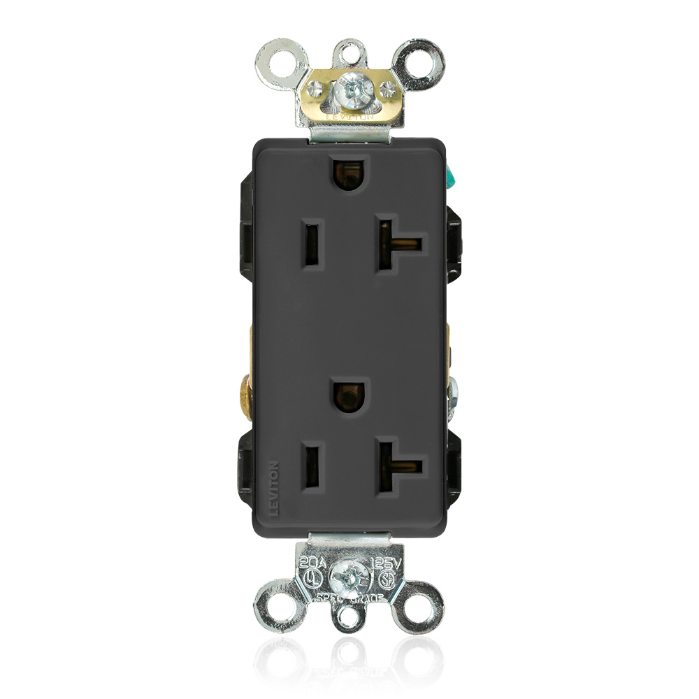 16362-E 1-Phase Duplex Heavy Duty Self-Grounding Straight Blade Receptacle, 125 V AC, 20 A, 2 Poles, 3 Wires, Black