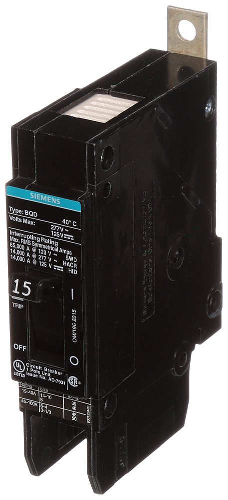 BQD115 Type BQD Molded Case Circuit Breaker, 277 V AC, 15 A, 14 kA Interrupt, 1 Poles, Thermal Magnetic Trip