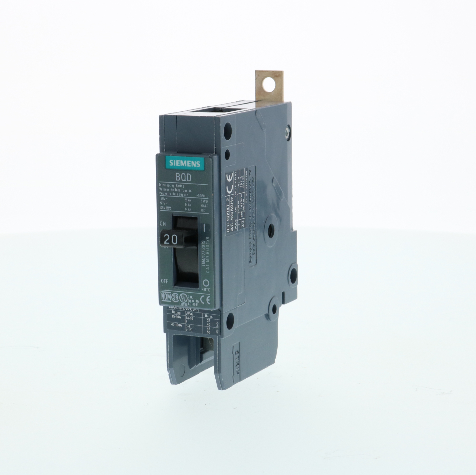 BQD120 Type BQD Molded Case Circuit Breaker, 277 V AC, 20 A, 14 kA Interrupt, 1 Poles, Thermal Magnetic Trip