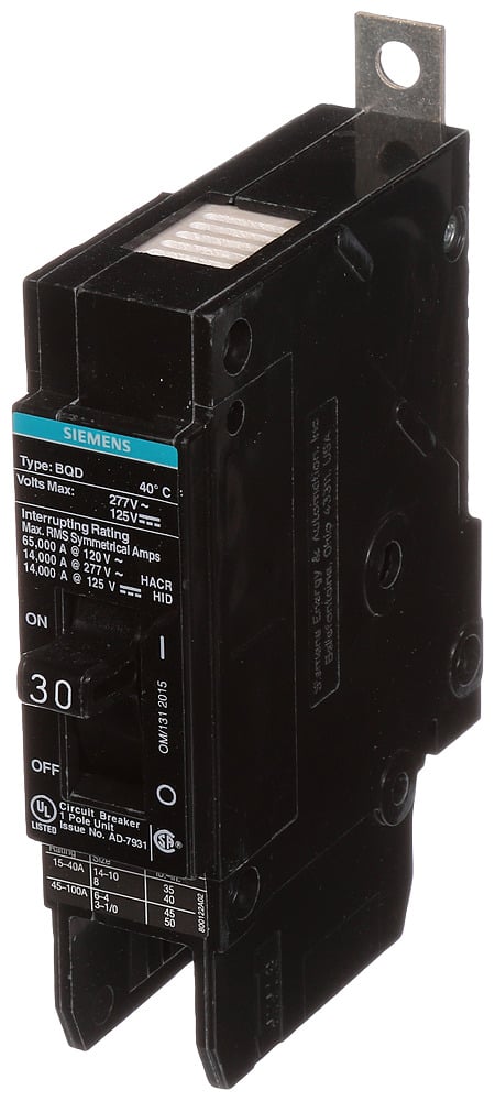 BQD130 Type BQD Molded Case Circuit Breaker, 277 V AC, 30 A, 14 kA Interrupt, 1 Poles, Thermal Magnetic Trip