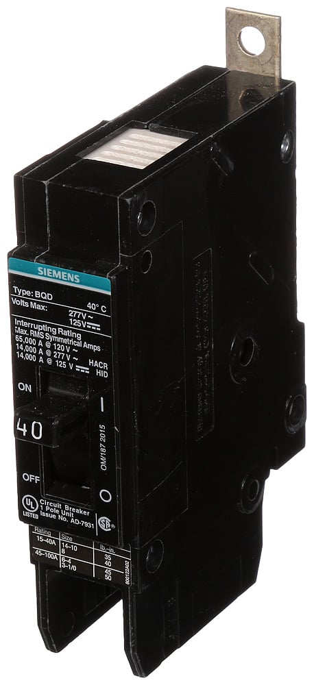 BQD140 Type BQD Molded Case Circuit Breaker, 277 V AC, 40 A, 14 kA Interrupt, 1 Poles, Thermal Magnetic Trip