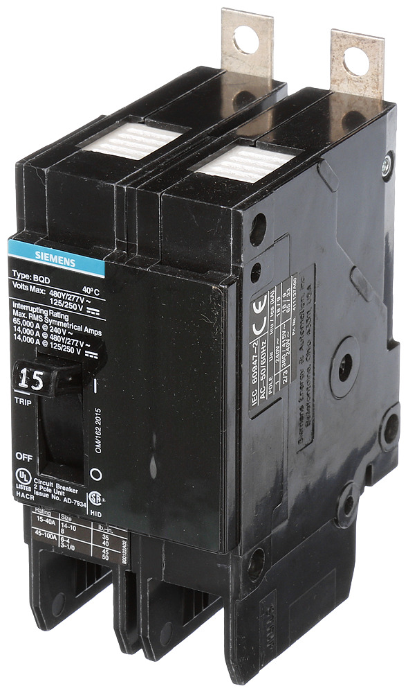 BQD215 Type BQD Molded Case Circuit Breaker, 277/480 V AC/125/250 V DC, 15 A, 14 kA Interrupt, 2 Poles, Thermal Magnetic Trip
