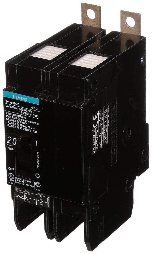 BQD220 Type BQD Molded Case Circuit Breaker, 277/480 V AC/125/250 V DC, 20 A, 14 kA Interrupt, 2 Poles, Thermal Magnetic Trip