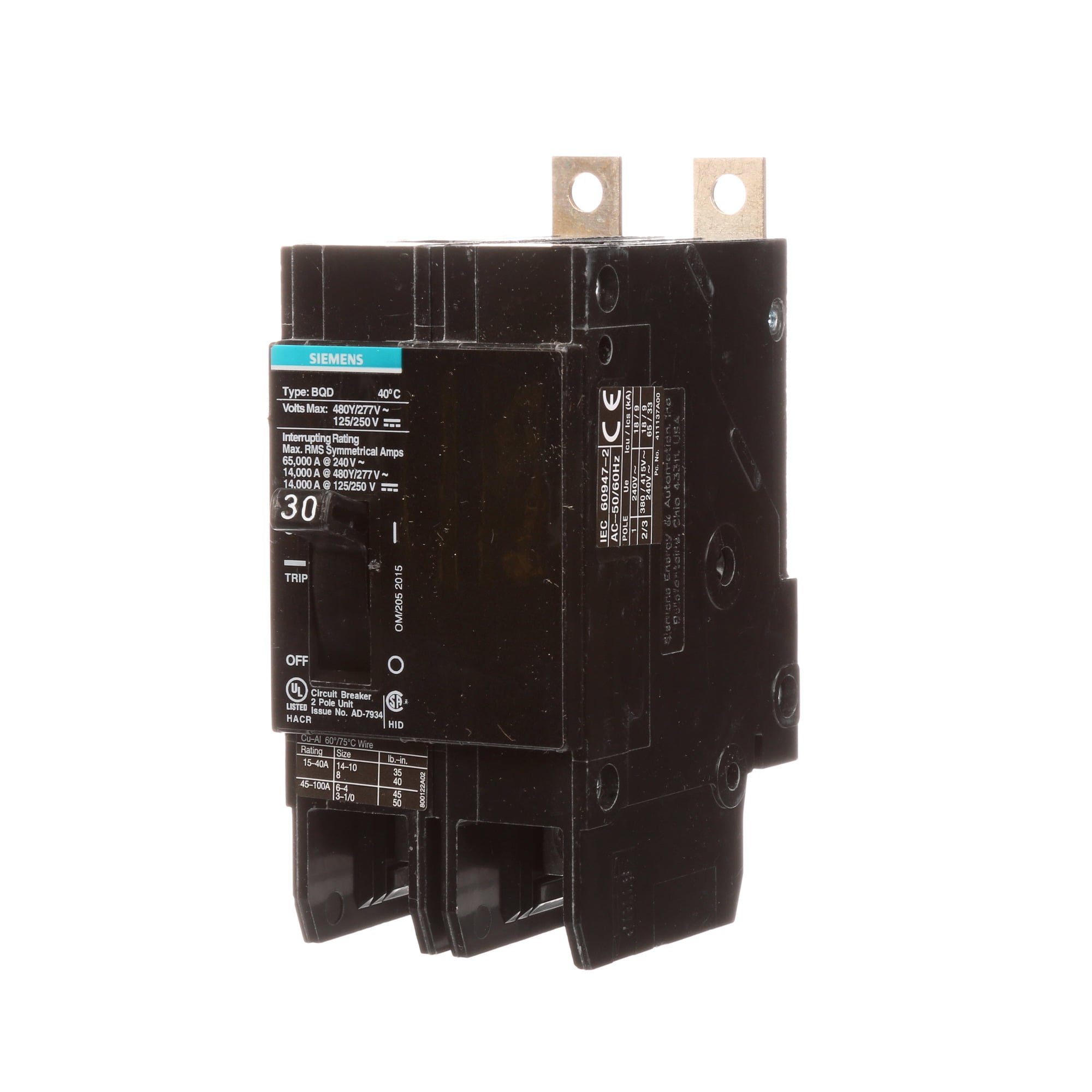BQD230 Type BQD Molded Case Circuit Breaker, 277/480 V AC/125/250 V DC, 30 A, 14 kA Interrupt, 2 Poles, Thermal Magnetic Trip