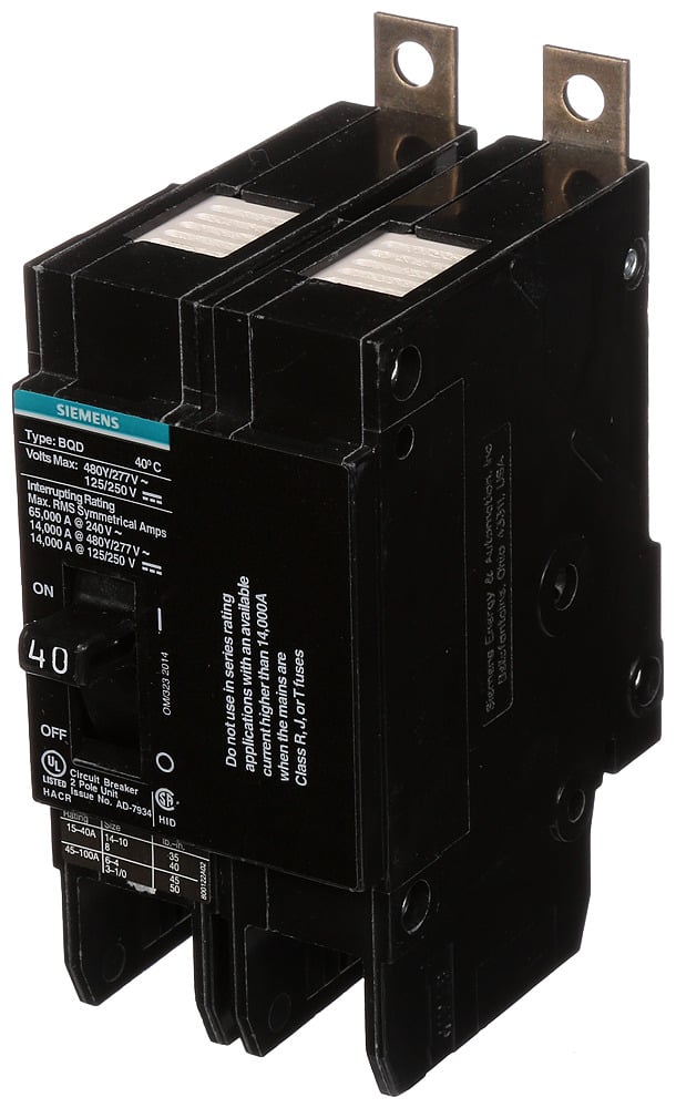 BQD240 Type BQD Molded Case Circuit Breaker, 277/480 V AC/125/250 V DC, 40 A, 14 kA Interrupt, 2 Poles, Thermal Magnetic Trip
