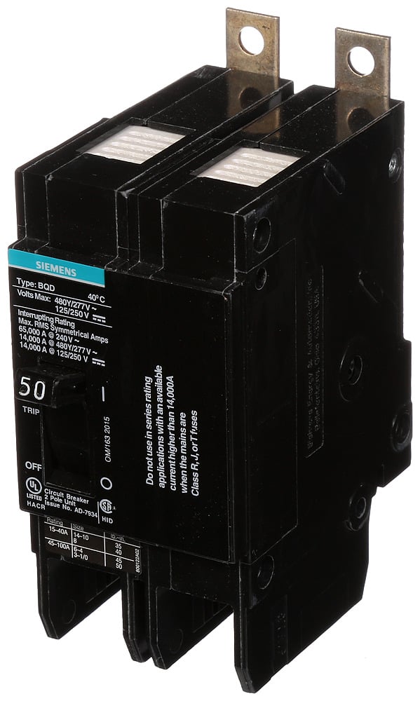 BQD250 Type BQD Molded Case Circuit Breaker, 277/480 V AC/125/250 V DC, 50 A, 14 kA Interrupt, 2 Poles, Thermal Magnetic Trip