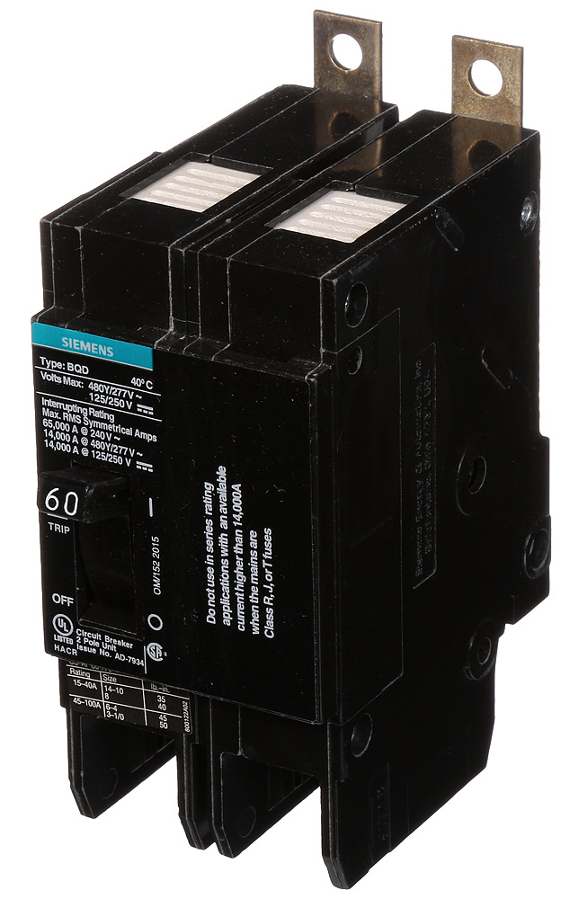 BQD260 Type BQD Molded Case Circuit Breaker, 277/480 V AC/125/250 V DC, 60 A, 14 kA Interrupt, 2 Poles, Thermal Magnetic Trip