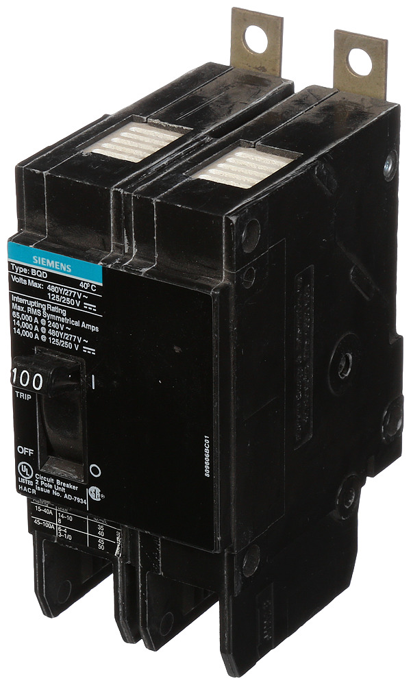 BQD2100 Type BQD Molded Case Circuit Breaker, 277/480 V AC/125/250 V DC, 100 A, 14 kA Interrupt, 2 Poles, Thermal Magnetic Trip