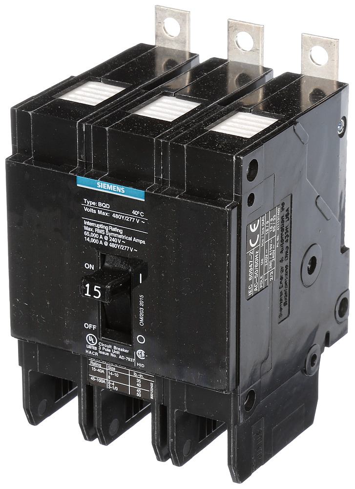 BQD315 Type BQD Molded Case Circuit Breaker, 277/480 V AC, 15 A, 14 kA Interrupt, 3 Poles, Thermal Magnetic Trip