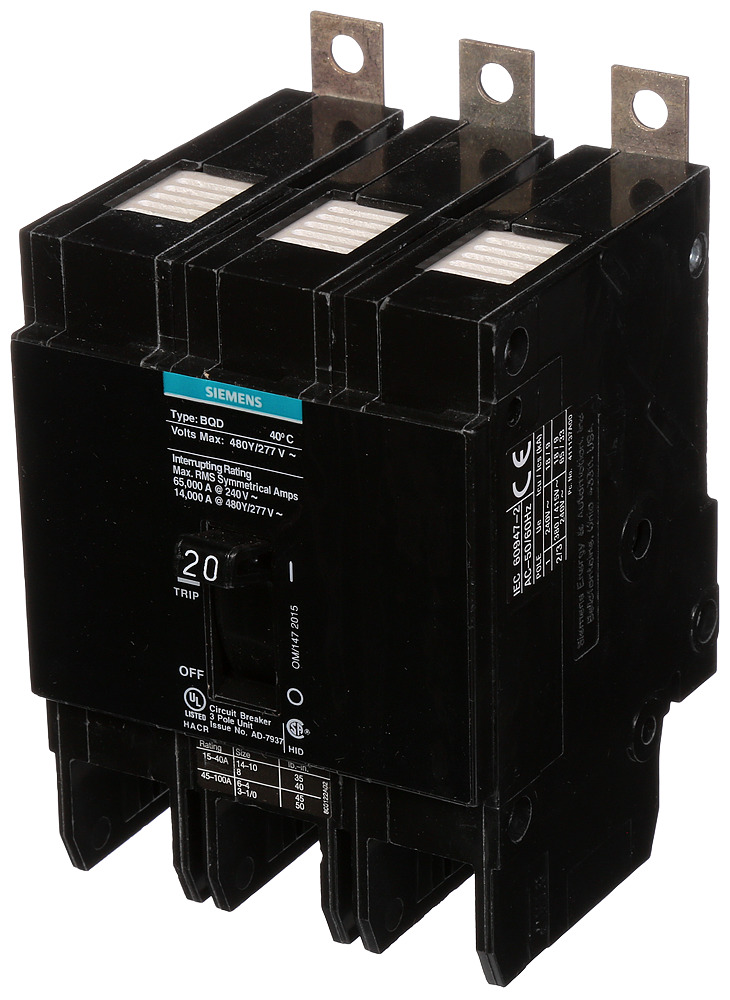 BQD320 Type BQD Molded Case Circuit Breaker, 277/480 V AC, 20 A, 14 kA Interrupt, 3 Poles, Thermal Magnetic Trip