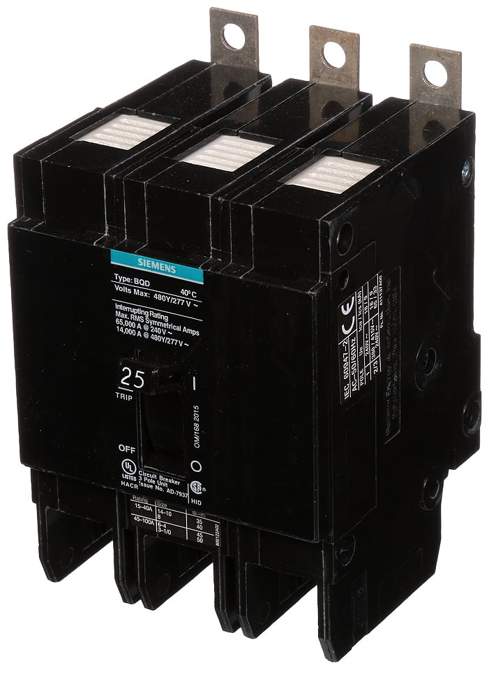 BQD325 Type BQD Molded Case Circuit Breaker, 277/480 V AC, 25 A, 14 kA Interrupt, 3 Poles, Thermal Magnetic Trip