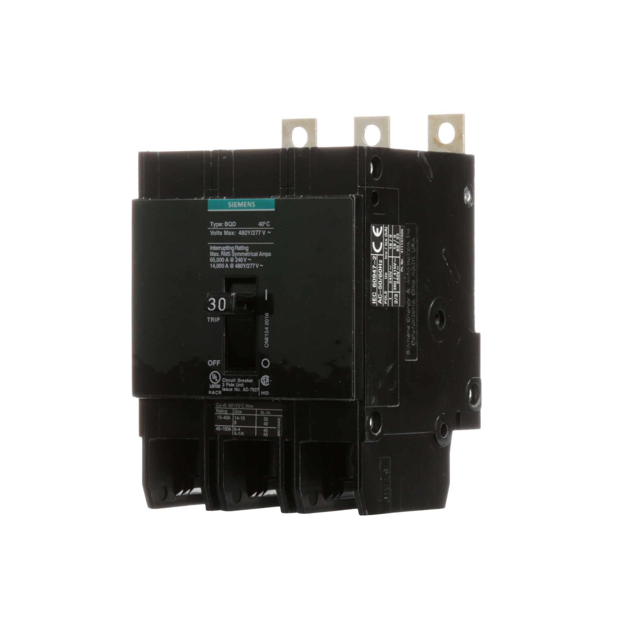 BQD330 Type BQD Molded Case Circuit Breaker, 277/480 V AC, 30 A, 14 kA Interrupt, 3 Poles, Thermal Magnetic Trip
