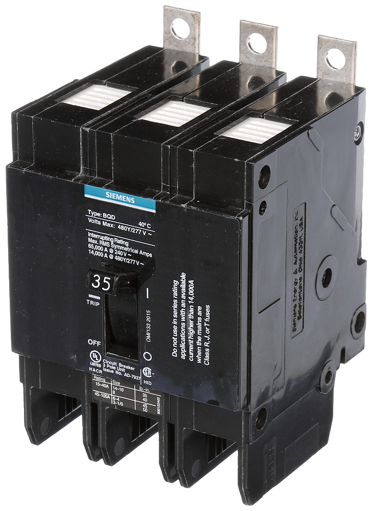 BQD335 Type BQD Molded Case Circuit Breaker, 277/480 V AC, 35 A, 14 kA Interrupt, 3 Poles, Thermal Magnetic Trip