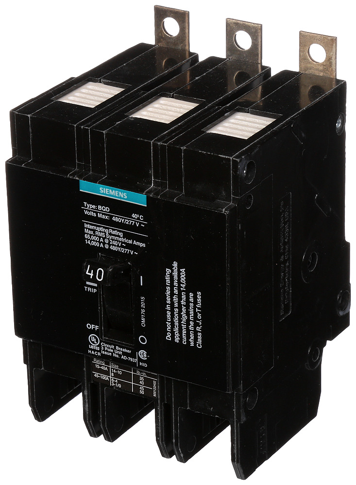 BQD340 Type BQD Molded Case Circuit Breaker, 277/480 V AC, 40 A, 14 kA Interrupt, 3 Poles, Thermal Magnetic Trip