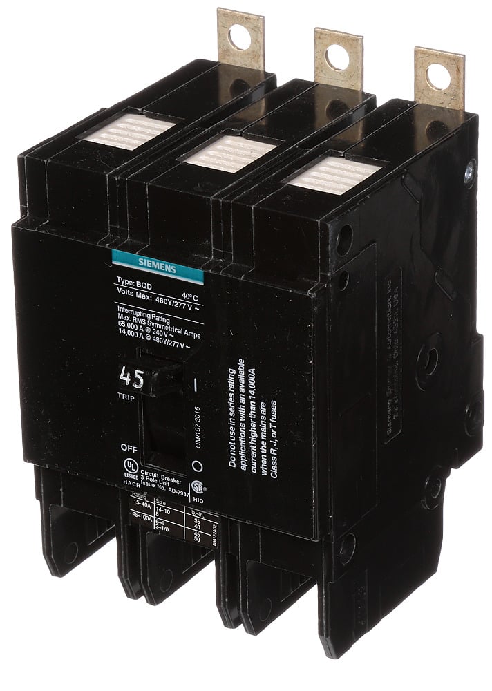 BQD345 Type BQD Molded Case Circuit Breaker, 277/480 V AC, 45 A, 14 kA Interrupt, 3 Poles, Thermal Magnetic Trip