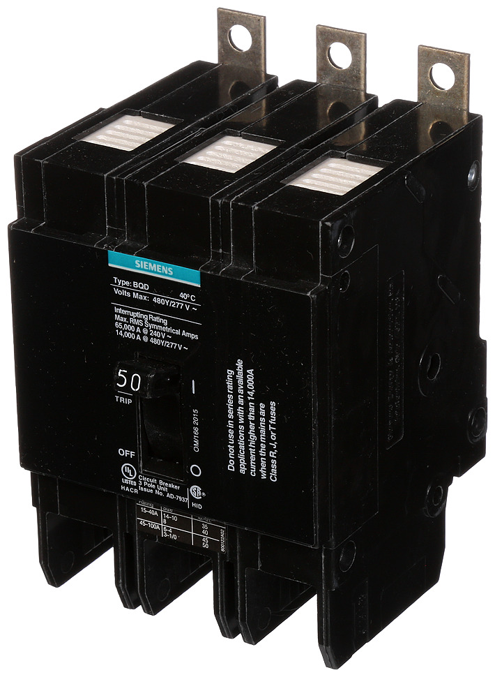 BQD350 Type BQD Molded Case Circuit Breaker, 277/480 V AC, 50 A, 14 kA Interrupt, 3 Poles, Thermal Magnetic Trip