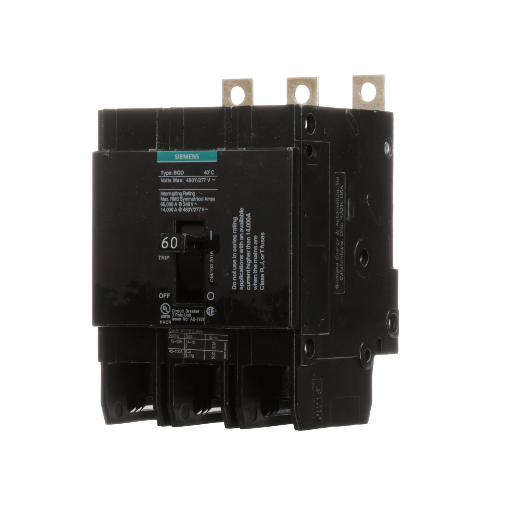 BQD360 Type BQD Molded Case Circuit Breaker, 277/480 V AC, 60 A, 14 kA Interrupt, 3 Poles, Thermal Magnetic Trip