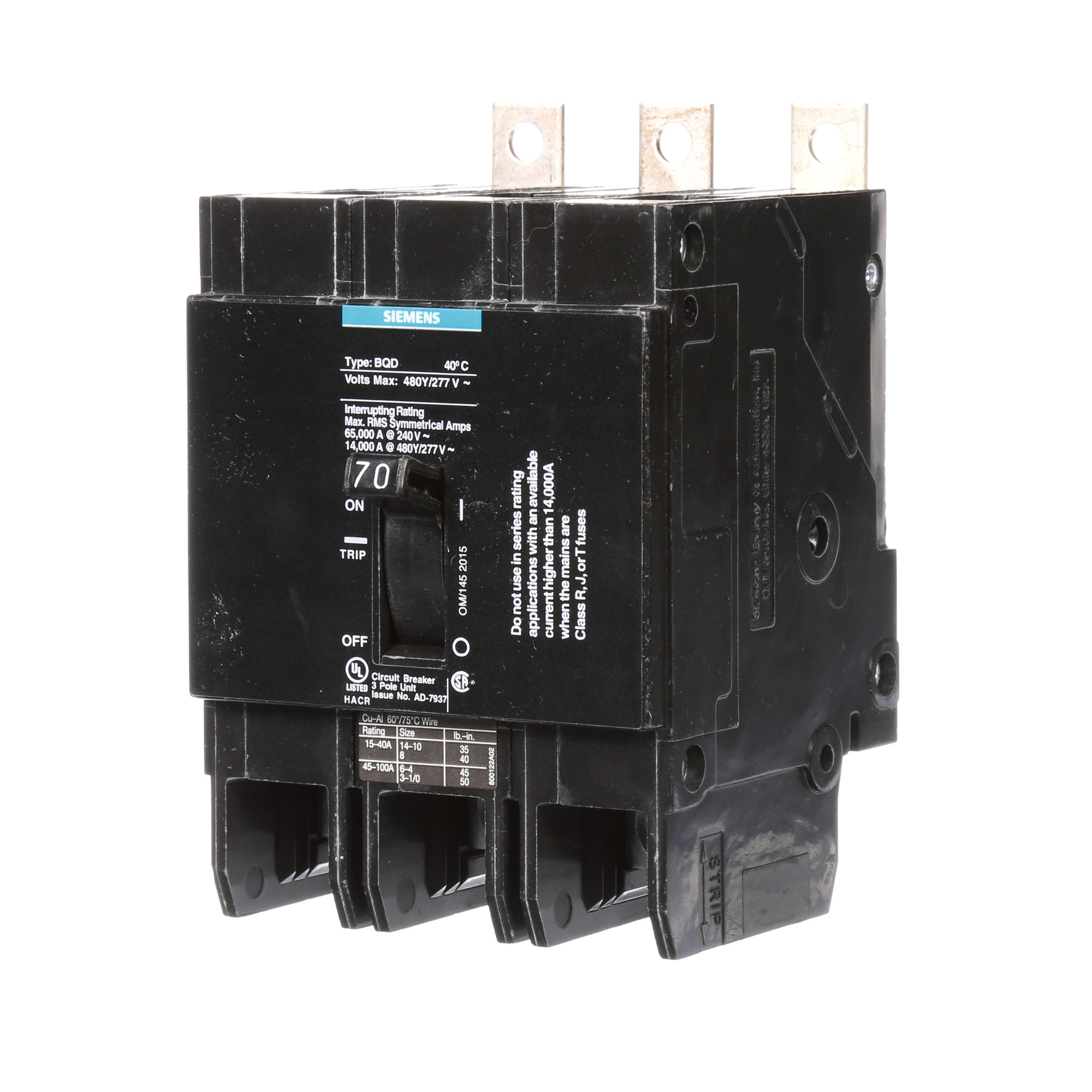 BQD370 Type BQD Low Voltage Molded Case Circuit Breaker, 277/480 V AC, 70 A, 14 kA Interrupt, 3 Poles, Thermal Magnetic Trip