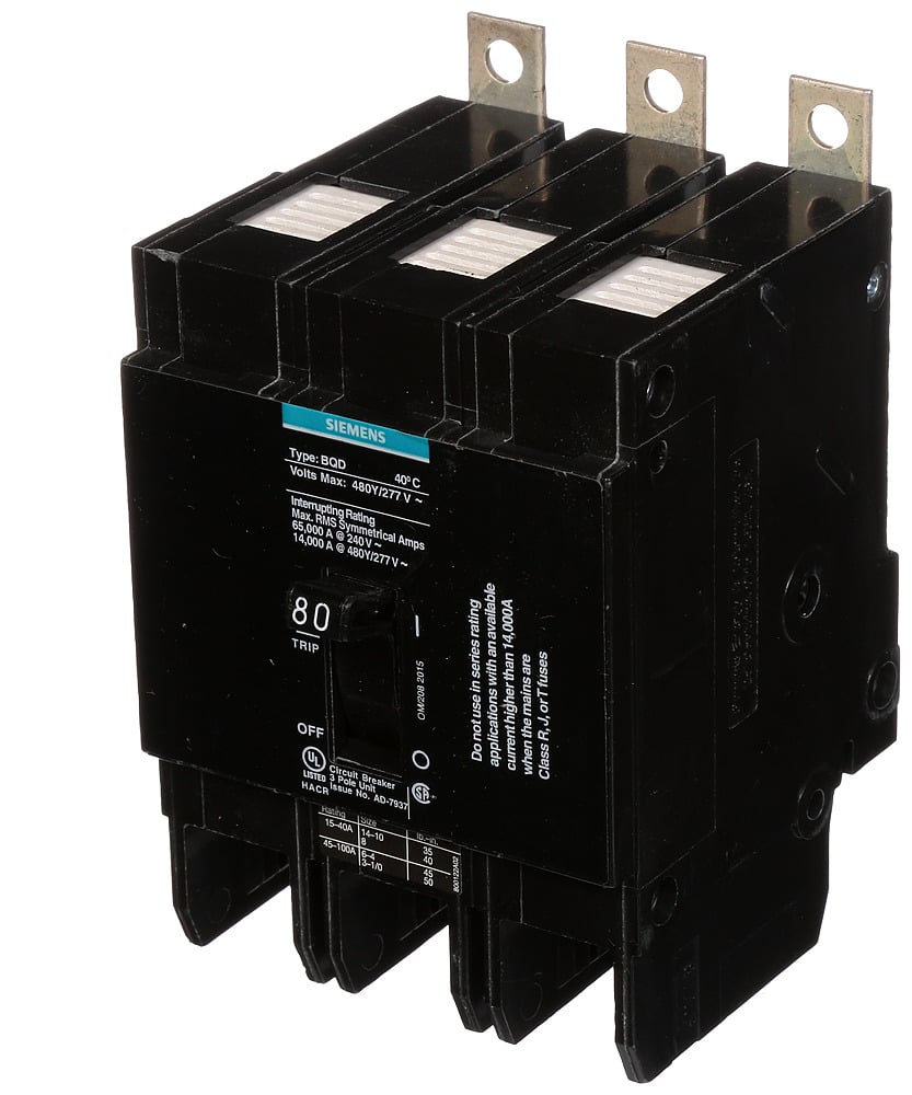 BQD380 Type BQD Molded Case Circuit Breaker, 277/480 V AC, 80 A, 14 kA Interrupt, 3 Poles, Thermal Magnetic Trip