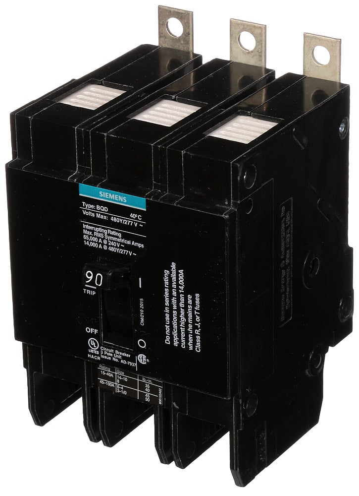 BQD390 Type BQD Molded Case Circuit Breaker, 277/480 V AC, 90 A, 14 kA Interrupt, 3 Poles, Thermal Magnetic Trip